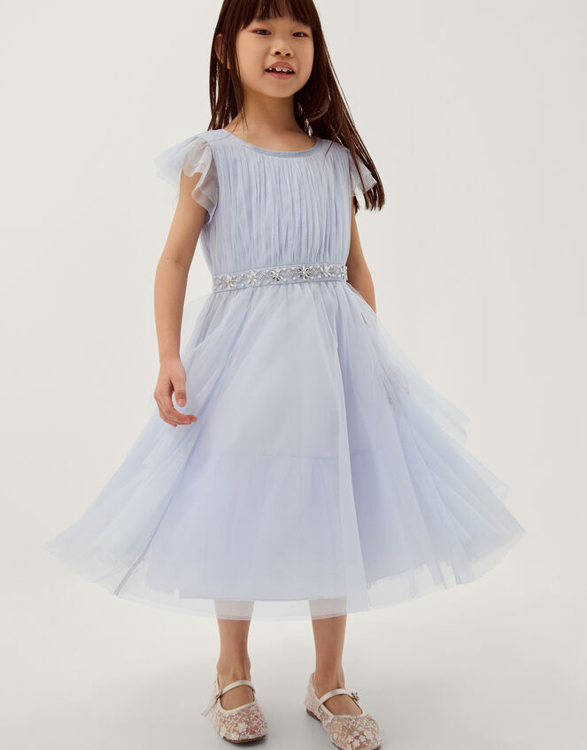 Robe de soirée bleue à volants ornée pennie