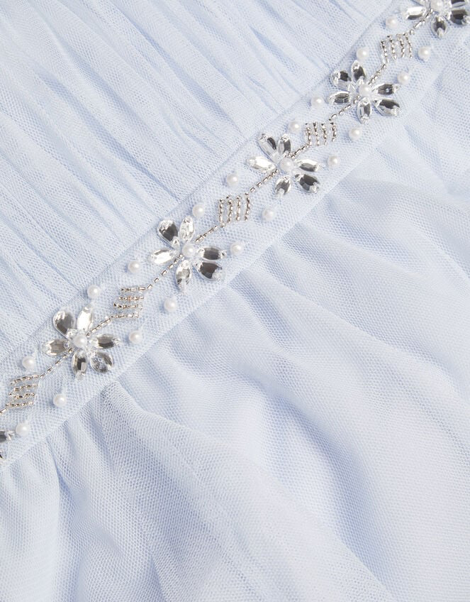 Robe de soirée bleue à volants ornée pennie